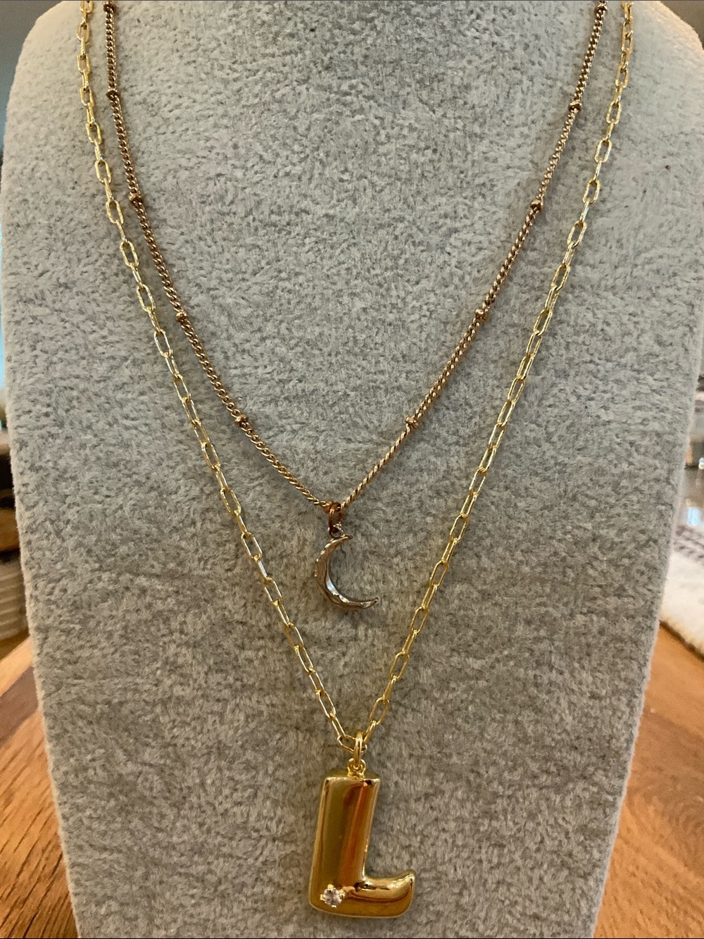 Gold Layered Initial L Pendant Necklace and Crescent Charm necklace